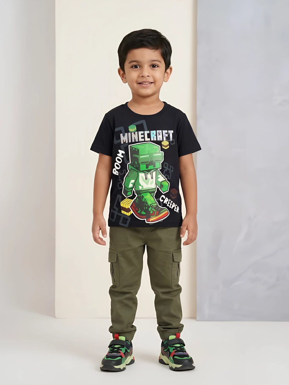 Boys black short sleeve graphic printed round neck T-Shirt featuring a Minecraft theme.