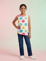 Girls White Floral Chenille Patch Cotton Top