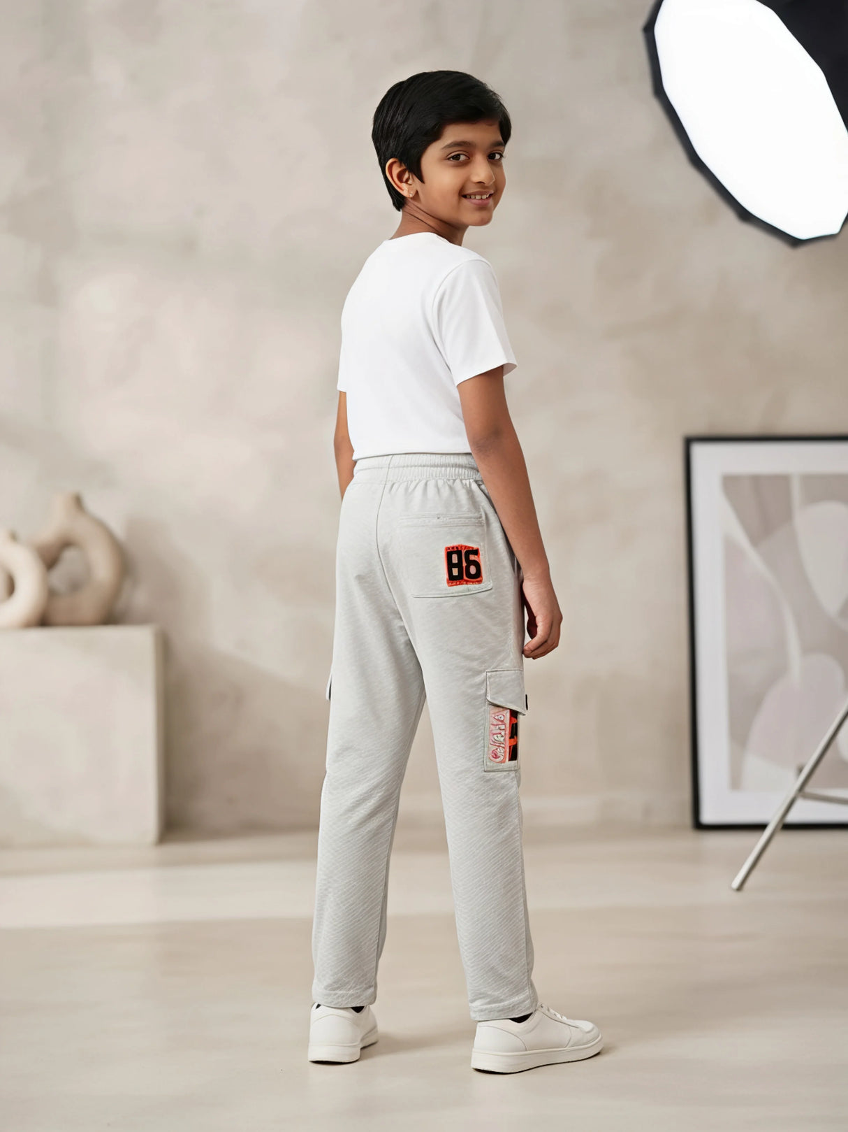 Boys Light Grey Casual Cargo Trackpants with Elastic Waistband & Contrast Drawstring