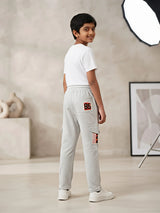 Boys Light Grey Casual Cargo Trackpants with Elastic Waistband & Contrast Drawstring