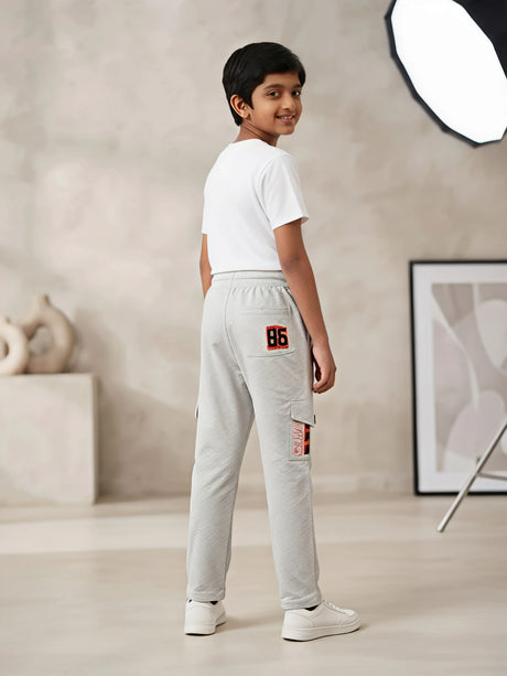Boys Light Grey Casual Cargo Trackpants with Elastic Waistband & Contrast Drawstring.