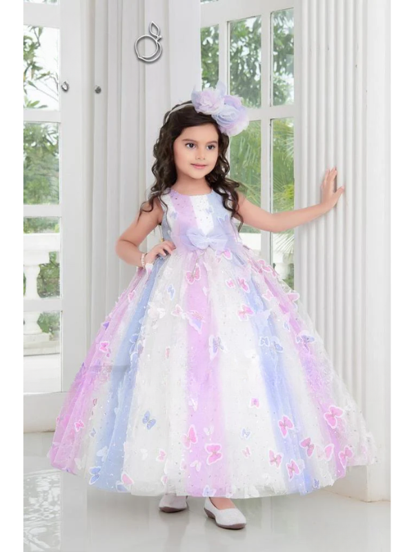 Girls Party Printed Heavy Western Gown - White