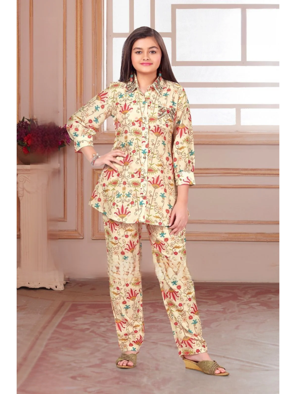 Girls Traditional Full Sleeves Pant Set - Cream