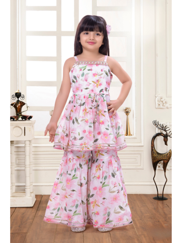 Girls Traditional Sleeves Less Sharara Set - Pink