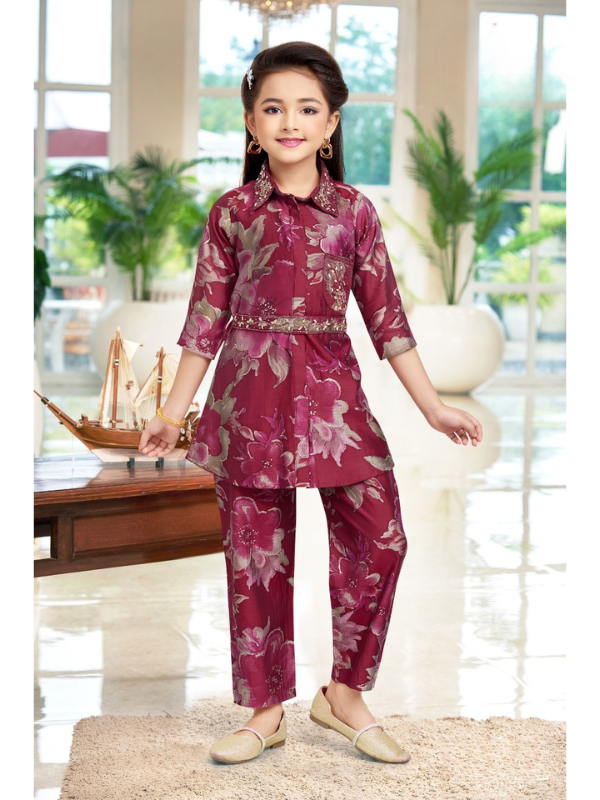 Girls Traditional 3/4th Sleeves Pant Set - Maroon