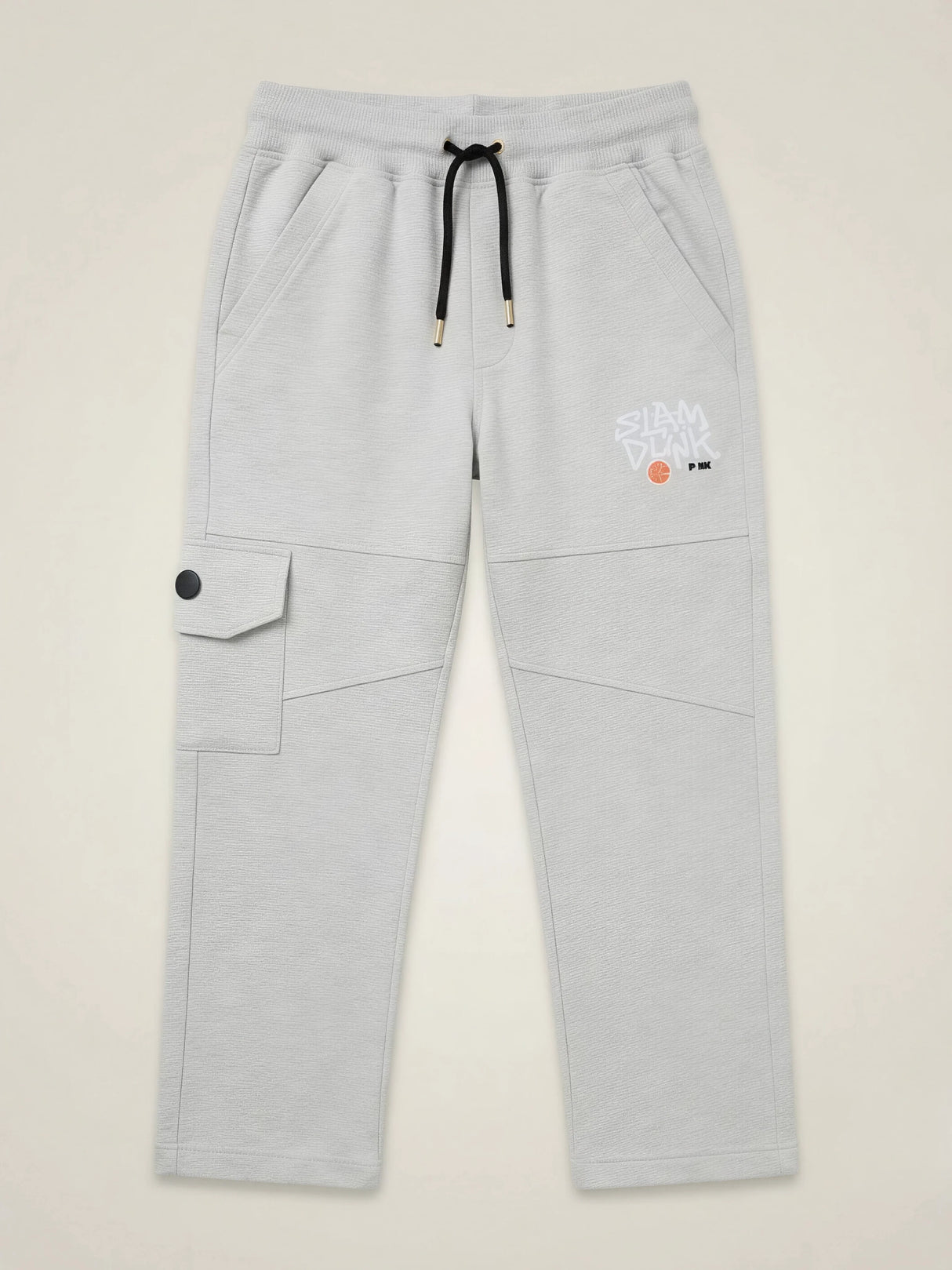 Boys Light Grey Casual Cargo Trackpants with Elastic Waistband & Contrast Drawstring