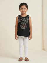Girls Black Floral Embroidered Sleeveless Top