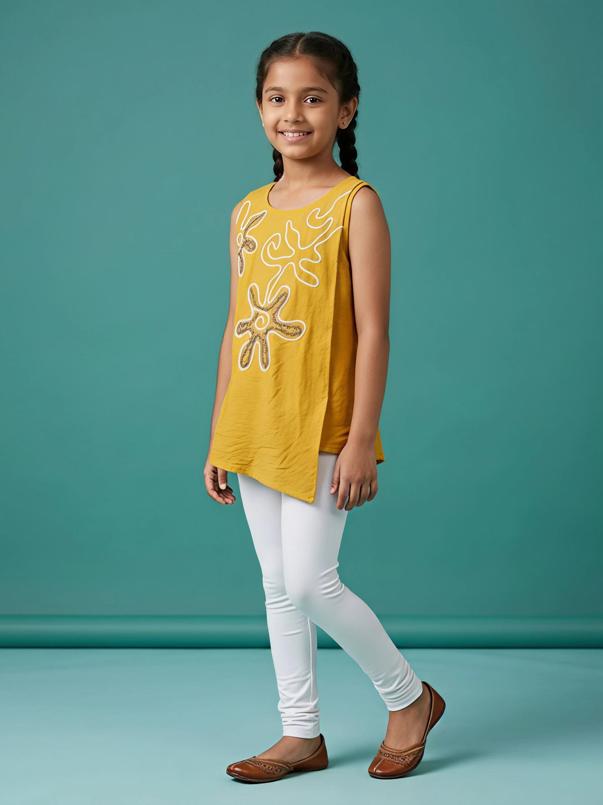 Girls Yellow Floral Embroidered Sleeveless Top
