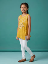 Girls Yellow Floral Embroidered Sleeveless Top