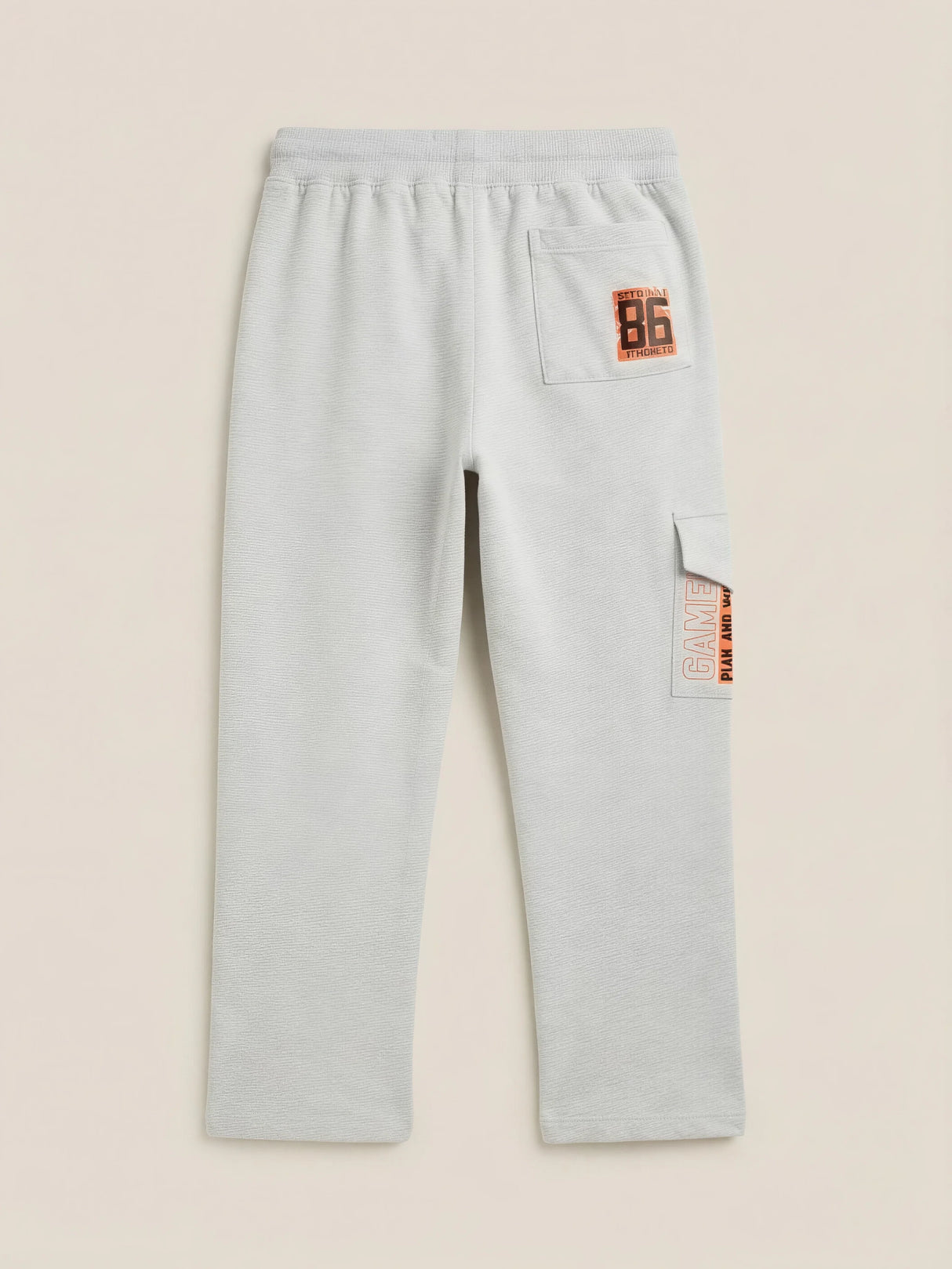 Boys Light Grey Casual Cargo Trackpants with Elastic Waistband & Contrast Drawstring