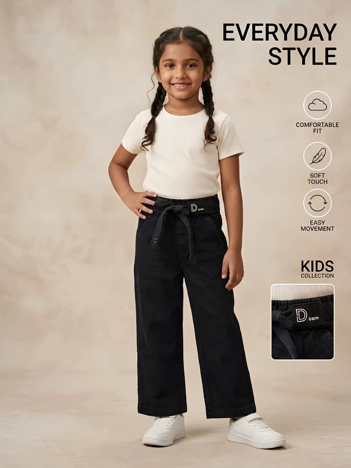 Girls Black High-Waist Belted Wide-Leg Casual Pants
