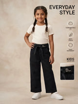 Girls Black High-Waist Belted Wide-Leg Casual Pants