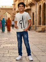 Boys Cream Graphic Print Designer T-Shirt