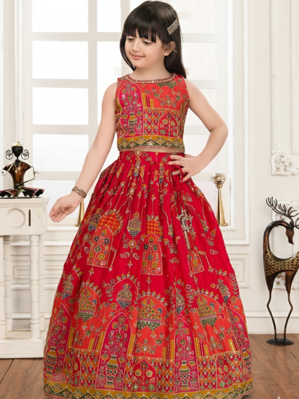 Young girl modeling a voluminous red ethnic set with an intricate multi-color print and mirror-like embellishments on the sleeveless crop top and full skirt.