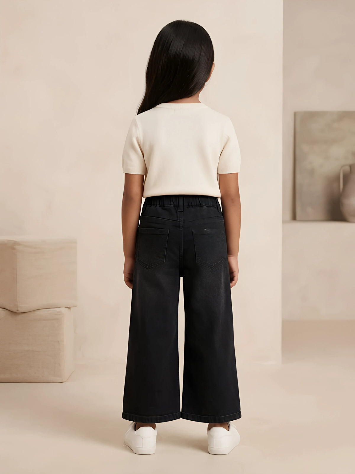 Girls Black Wide Leg Elastic Waist Casual Pants.