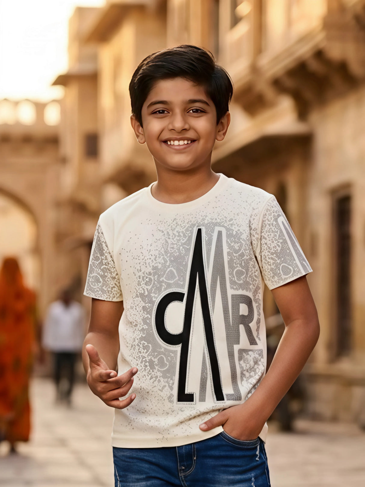Boys Cream Graphic Print Designer T-Shirt