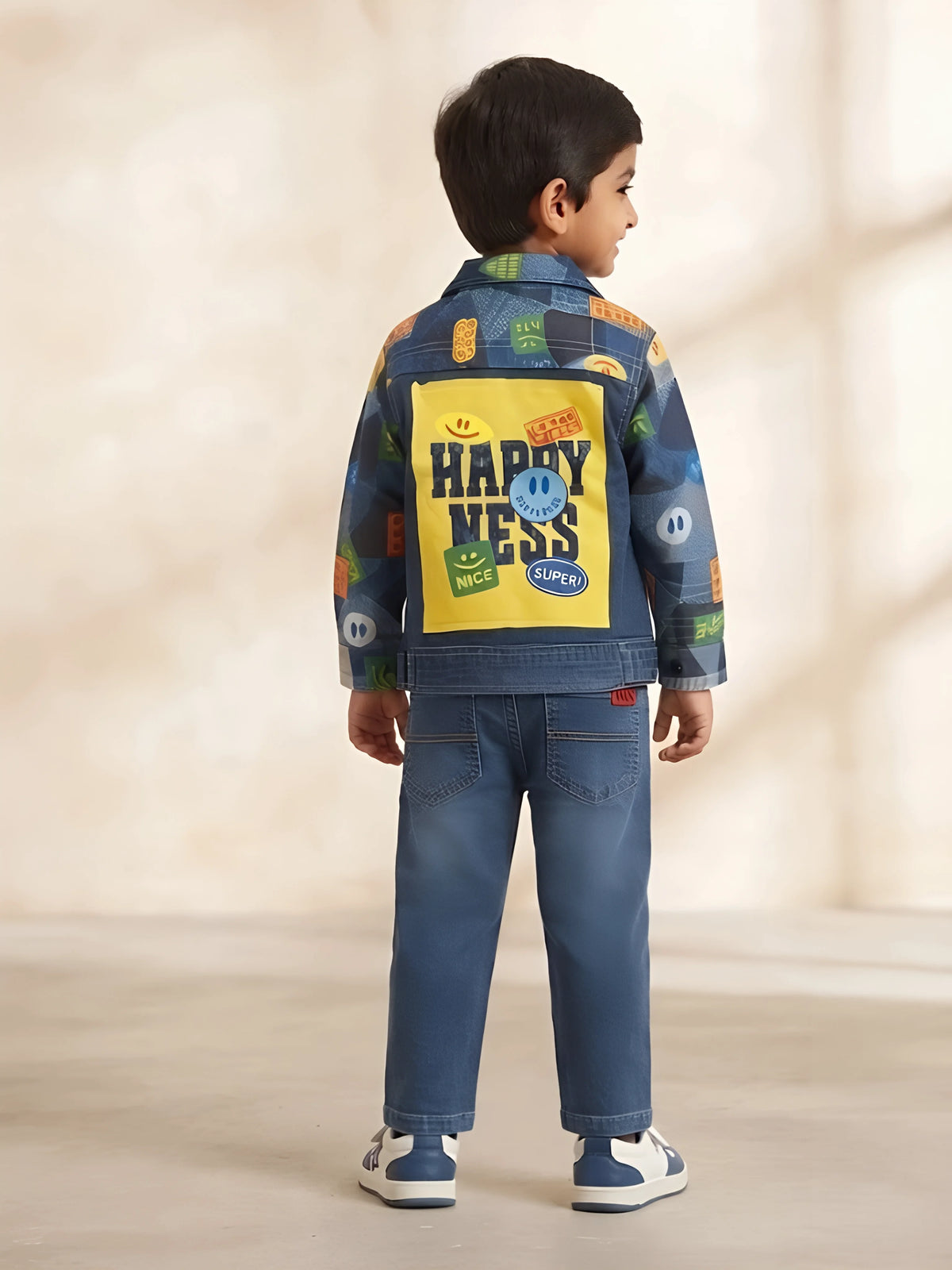 Boys Blue Printed Denim Jacket Set with Yellow T-Shirt