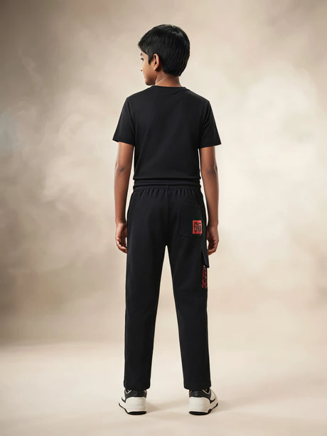 Boys Black Printed Cargo Trackpants with Drawstring.