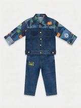 Boys Blue Printed Denim Jacket Set with Yellow T-Shirt