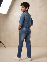 L.Blue Solid Washed Cotton Denim Pant Casual Wear