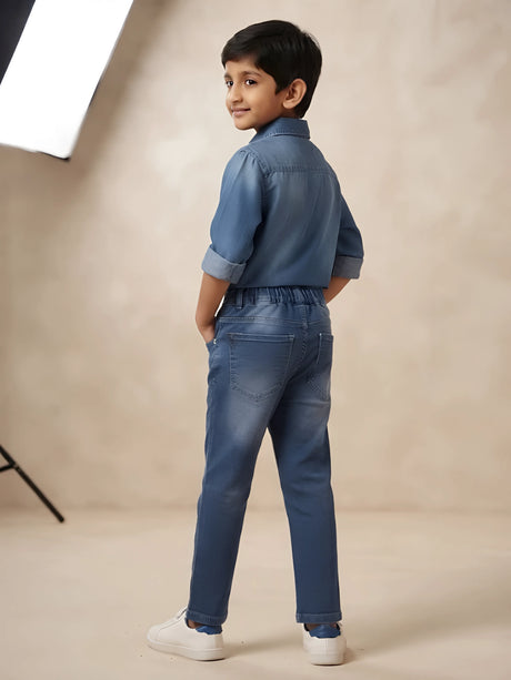 L.Blue Solid Washed Cotton Denim Pant Casual Wear