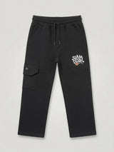 Boys Black Printed Cargo Trackpants with Drawstring