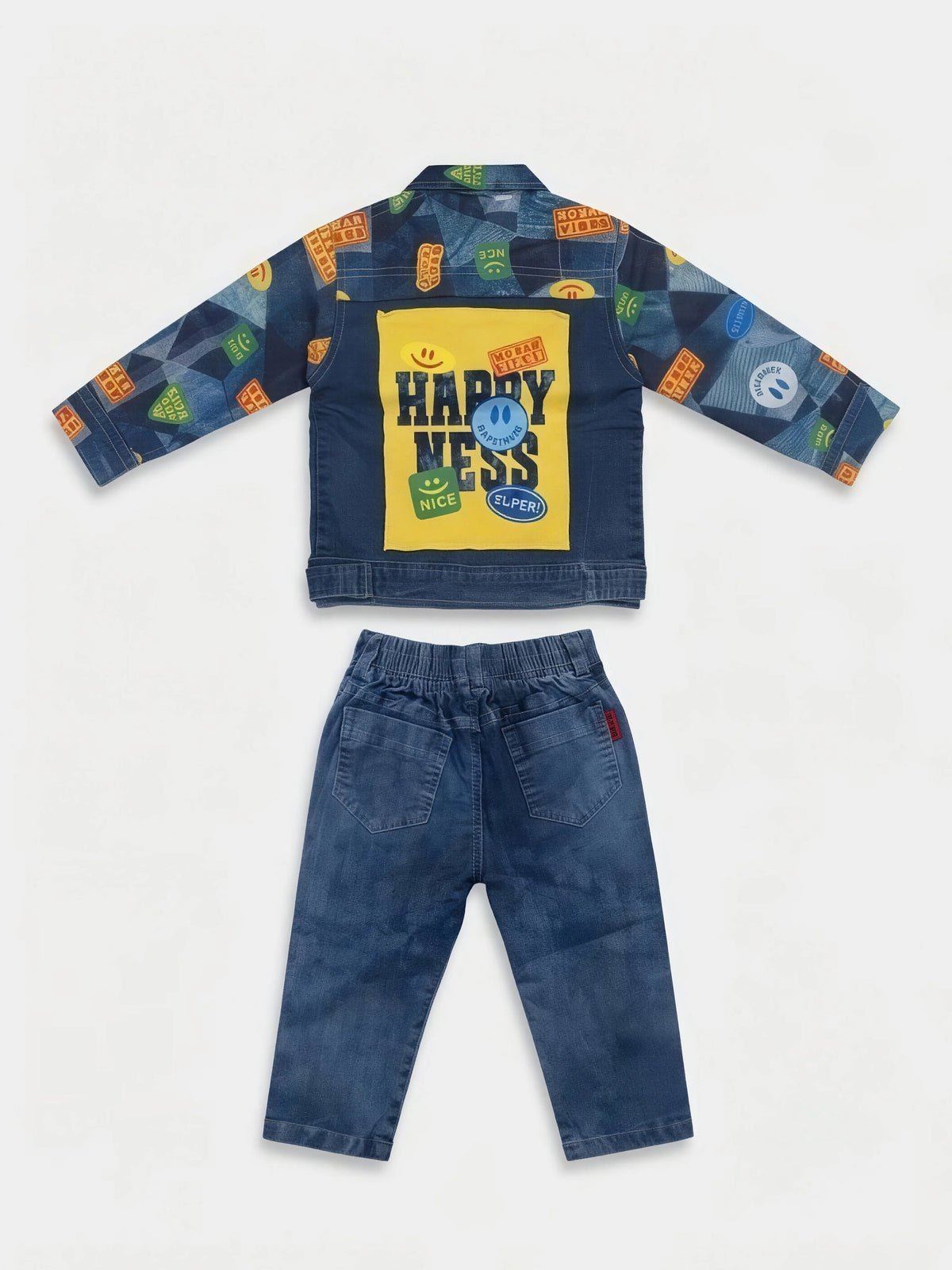 Boys Blue Printed Denim Jacket Set with Yellow T-Shirt