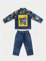 Boys Blue Printed Denim Jacket Set with Yellow T-Shirt