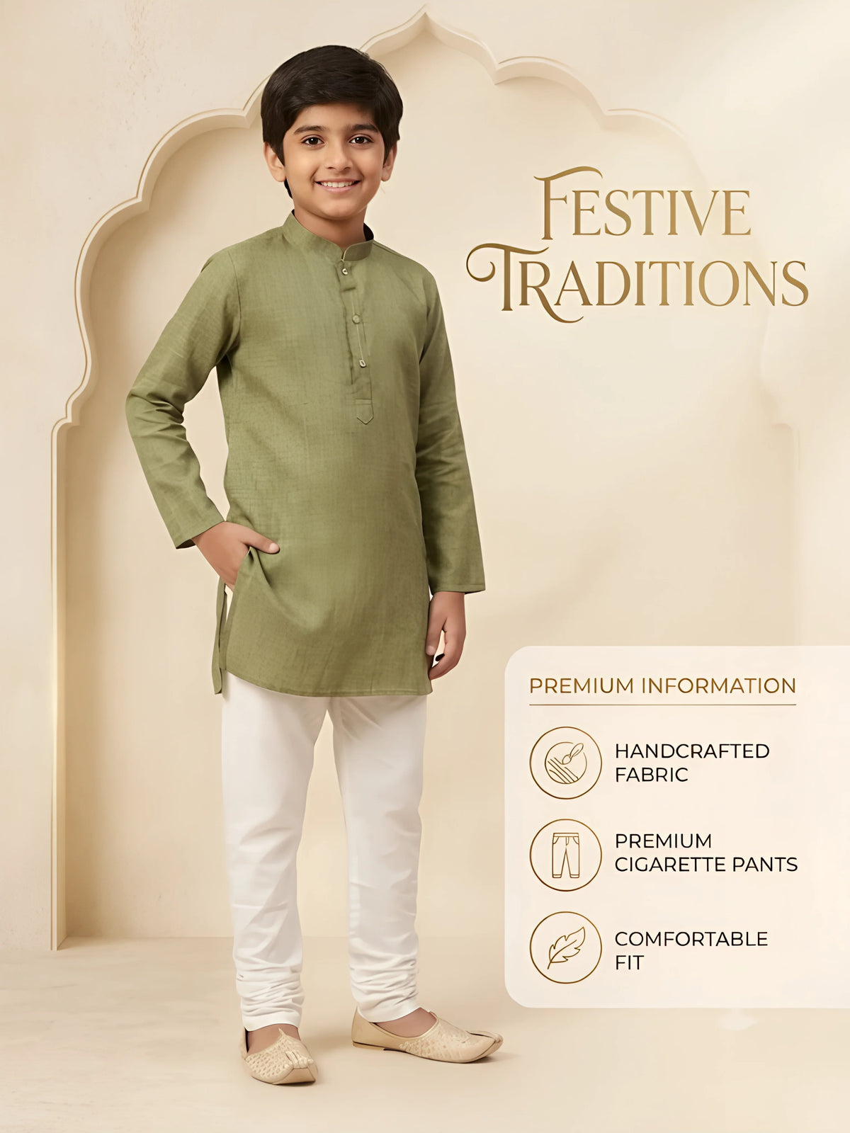 Green Solid Cotton Linen Kurta Pajama Set for Boys