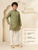 Green Solid Cotton Linen Kurta Pajama Set for Boys