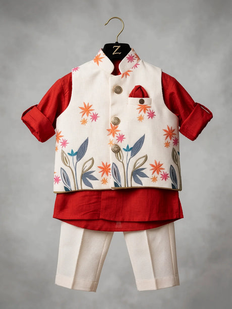 Boys Orange Floral Embroidered Waistcoat with Shirts & Trouser Set
