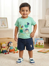 Boys Sea Green Pirate Ship Graphic T-Shirt and Striped Shorts Set