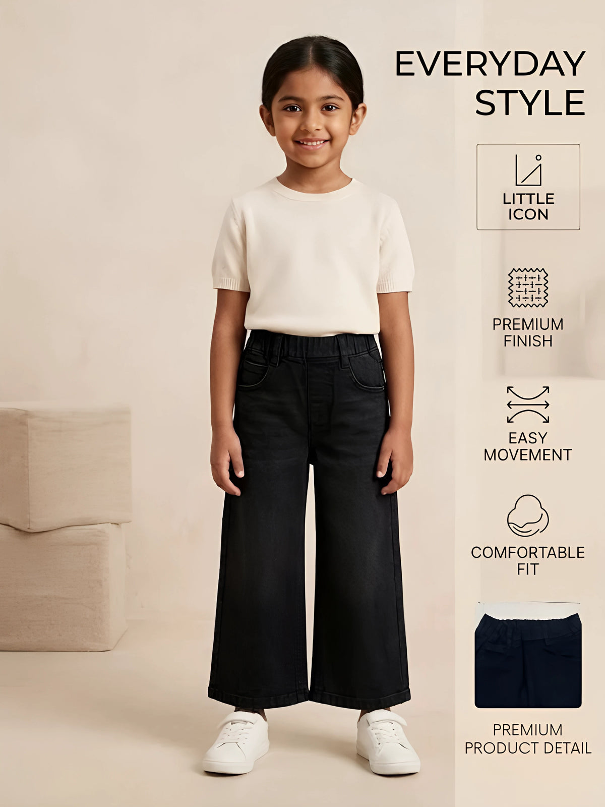Girls Black Wide Leg Elastic Waist Casual Pants.