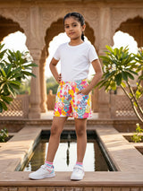 Girls' Vibrant Multi-Color Floral Print Shorts with Pockets