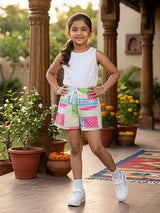 Girls Multi-Color Patchwork Print Shorts with Drawstring