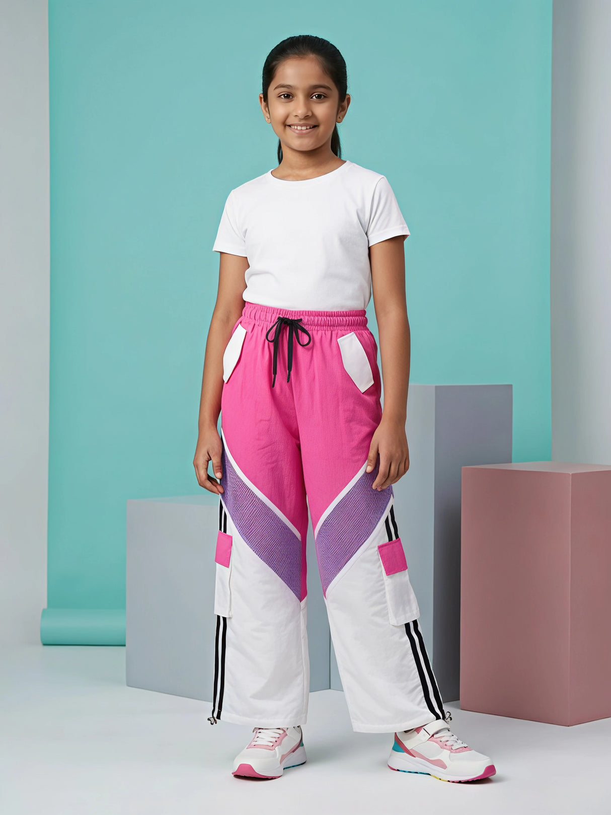 Girls Rani Pink & White Colorblock Mesh Trackpants