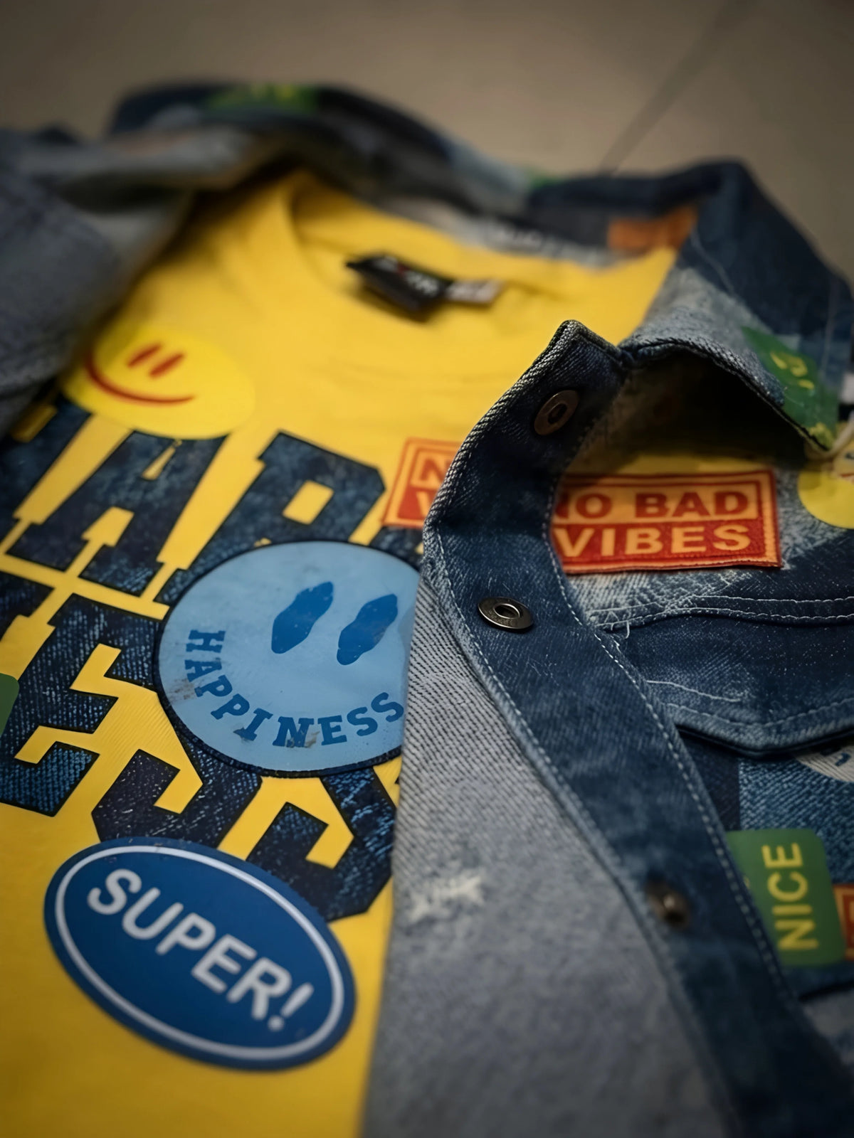 Boys Blue Printed Denim Jacket Set with Yellow T-Shirt