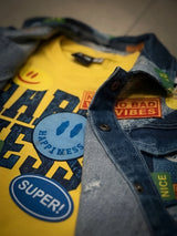 Boys Blue Printed Denim Jacket Set with Yellow T-Shirt