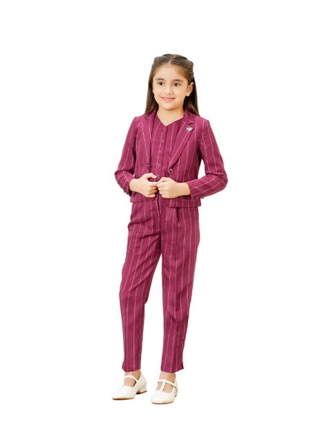 Young girl wearing a trendy maroon suit set with fine white pinstripes, including a fitted blazer and matching tapered trousers, and a shirt or waistcoat visible underneath.