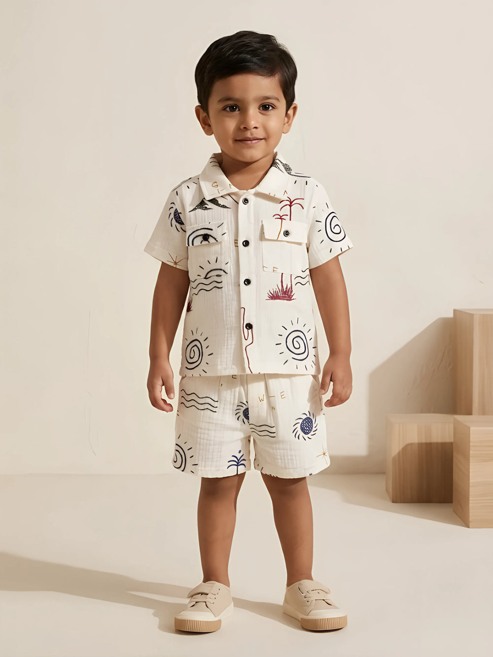 Boys blue graphic printed cotton shirt and shorts coordinate set.