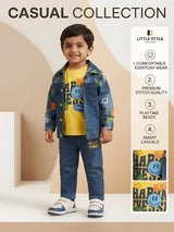 Boys Blue Printed Denim Jacket Set with Yellow T-Shirt