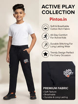 Boys Black Printed Cargo Trackpants with Drawstring