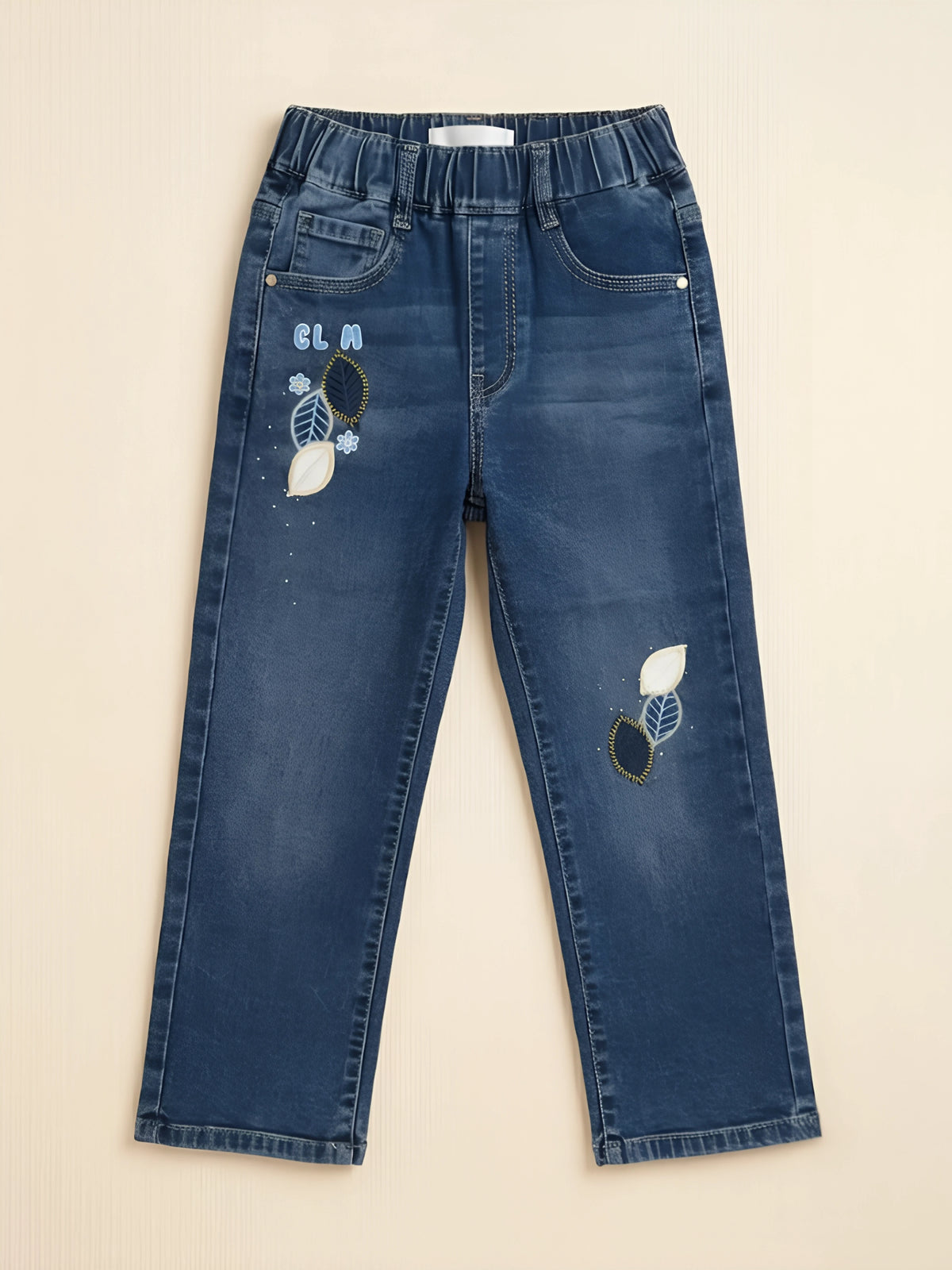 Girls Blue Embroidered Casual Pants.