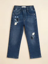 Girls Blue Embroidered Casual Pants.