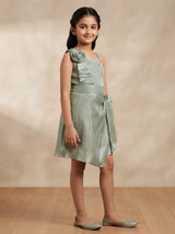 Green Rose Applique One Shoulder Frocks