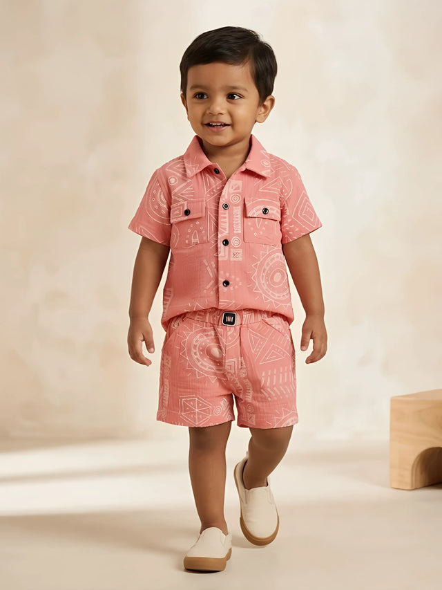 Pink geometric print shirt and shorts boys coordinate set.