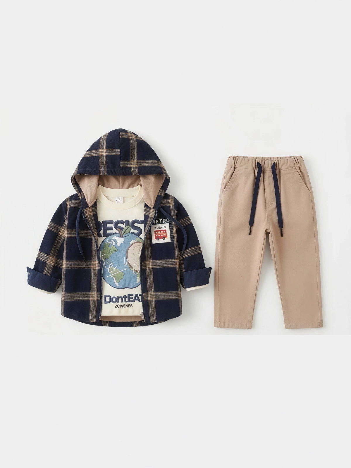 Boys Black Plaid Hooded Jacket and T-Shirt Clothing Set
