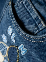 Girls Blue Embroidered Casual Pants.