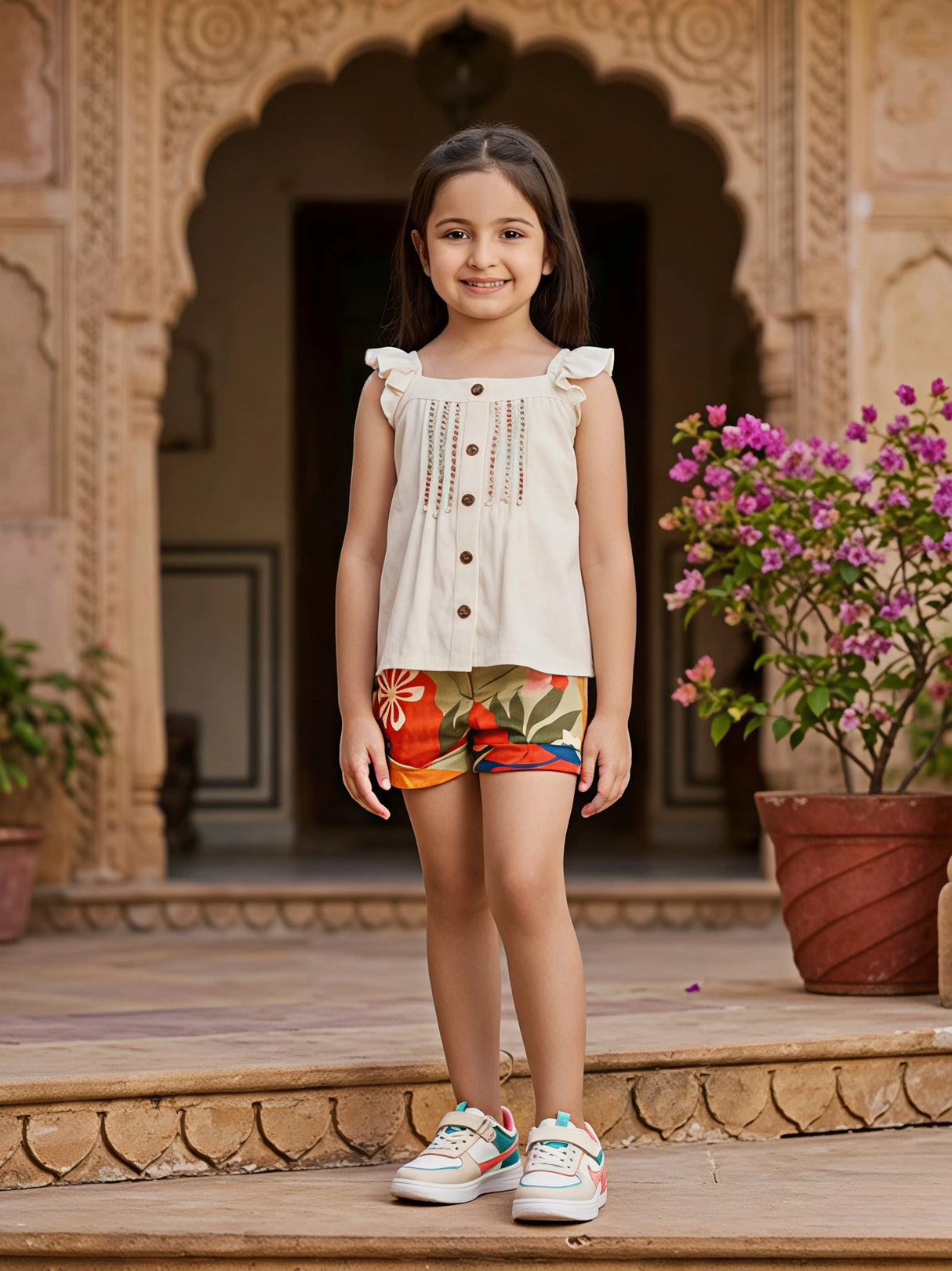 Girls Cream Ruffle Top & Floral Print Shorts Two-Piece Set.