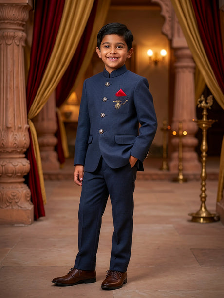 Young boy wearing a classic Navy Blue Jodhpuri Suit with golden brooch and red pocket square in a royal palace setting.